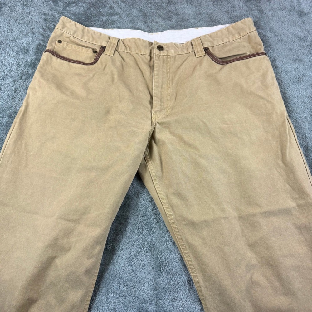 Eddie Bauer Mens 42x32 Khaki Tan Cotton Canvas Leather Trim Straight Leg Pants - Picture 4 of 13